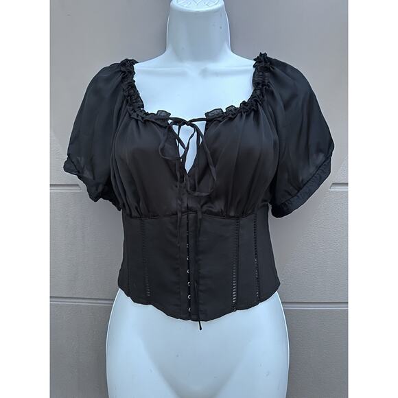 Bebe Black Silk Linen Corset Top Off The Shoulder Y2K Milkmaid Coquette Sz 4 - Picture 4 of 15